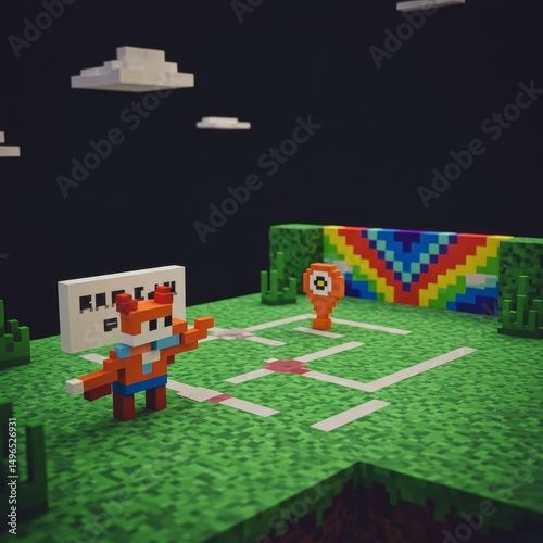 3D Illustration: Pixel Art Fox on Soccer Field