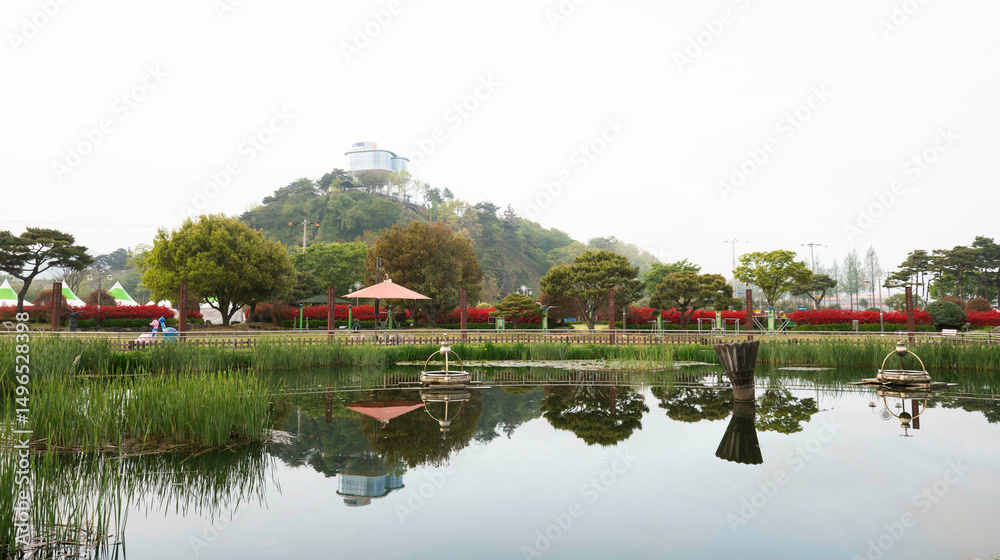 Fototapeta premium 잔잔한 호수에 비치는 봄 날의 풍경