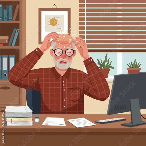 Senior Man Suffering Head Pain at Desk with Computer and Documents