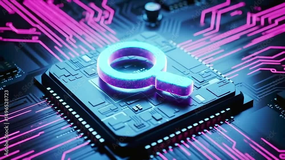 Futuristic animation of holographic magnifying glass symbol emerging from microprocessor on electronic circuit board