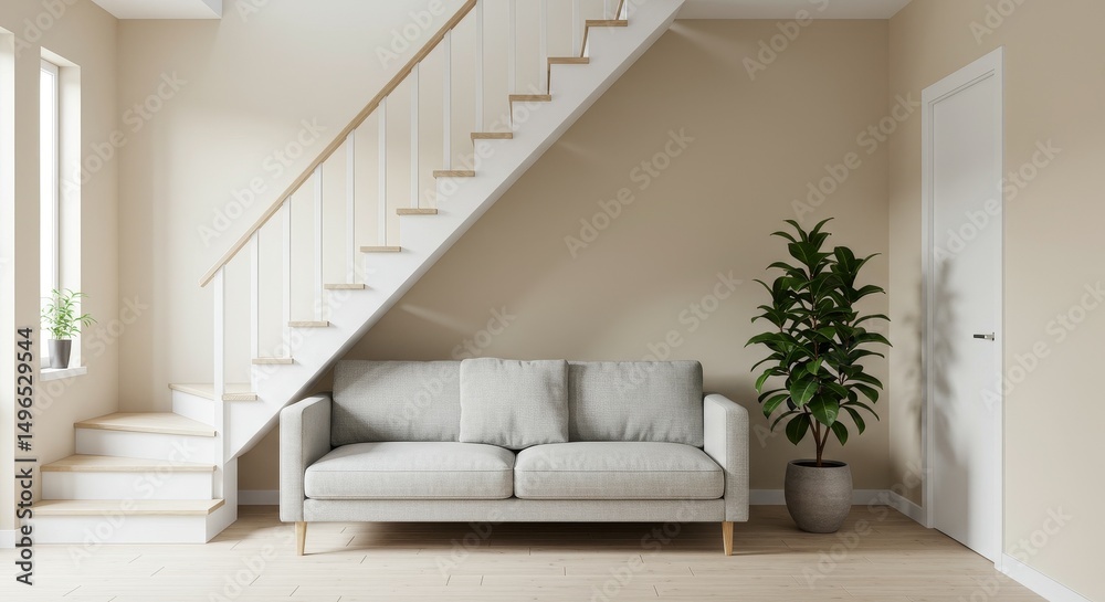 Fototapeta premium 3D Realistic Home Interior Living Room with Sofa and Stairs