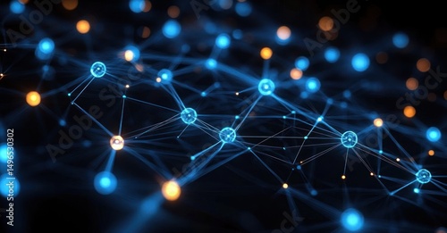 Intricate network of glowing blue and orange nodes connected by fine lines on a dark background symbolizing digital connectivity and complex systems