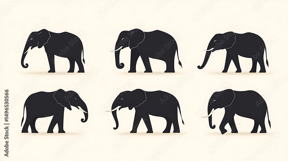 Naklejka premium ゾウシルエット 歩行 セット イラスト