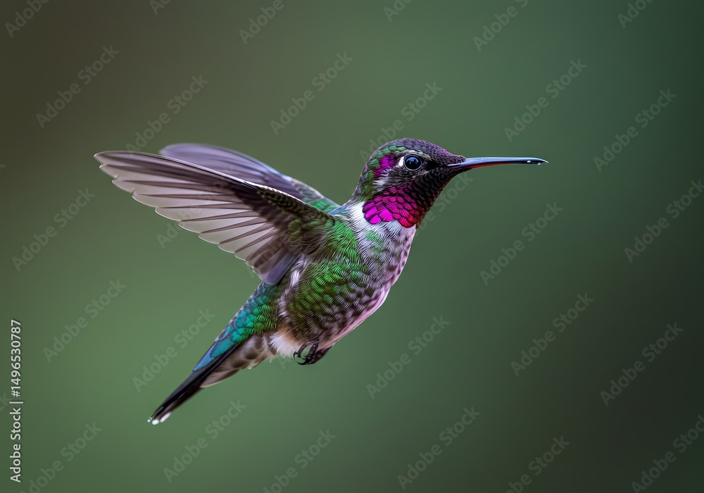 Fototapeta premium Hummingbird hovering midair iridescent plumage shimmering