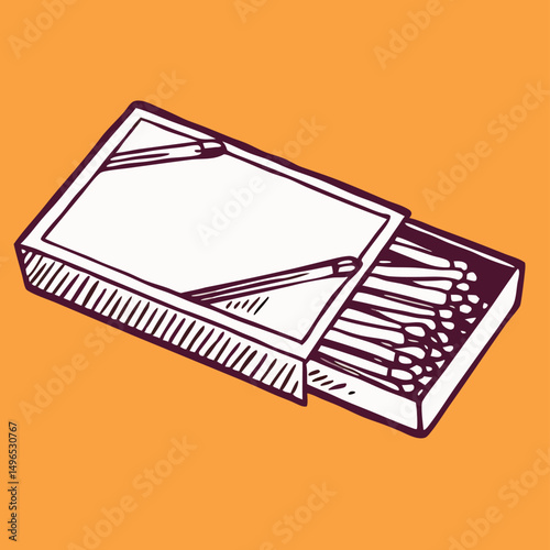 Hand-drawn illustration of open matchbox with matches