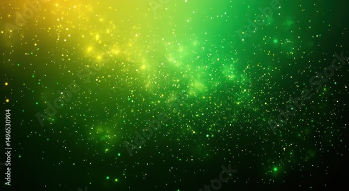 Dense field of glowing yellow and green particles scattered against a dark green background evoking a cosmic or magical atmosphere