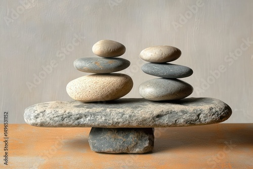 Two carefully balanced stacks of smooth, rounded stones on a larger flat stone, evoking calmness and harmony indoors on a textured surface photo