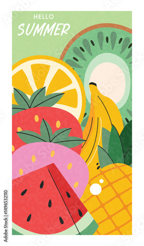 Summer Fruits Vector Illustration on Light Green Background