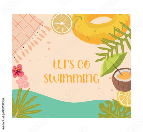 Summer Beach Illustration with Let's Go Swimming Text