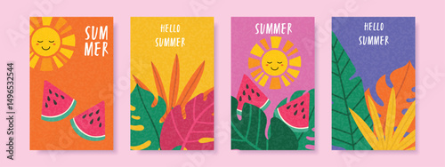 Summer Greeting Card Set with Sun, Watermelon and Tropical Leaves