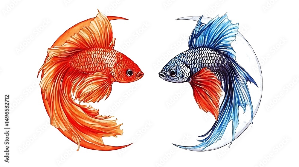 Fototapeta premium 三日月と闘魚 対照的な色彩