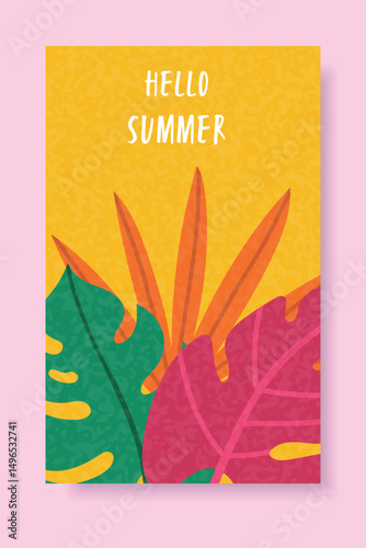 Hello Summer Tropical Leaf Vector Illustration.