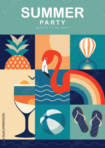 Summer Party Vector Illustration with Tropical Beach Elements