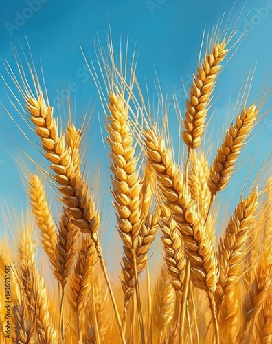 Golden wheat stalks bathed in sunlight against a clear blue sky conveying a sense of abundance and natural beauty