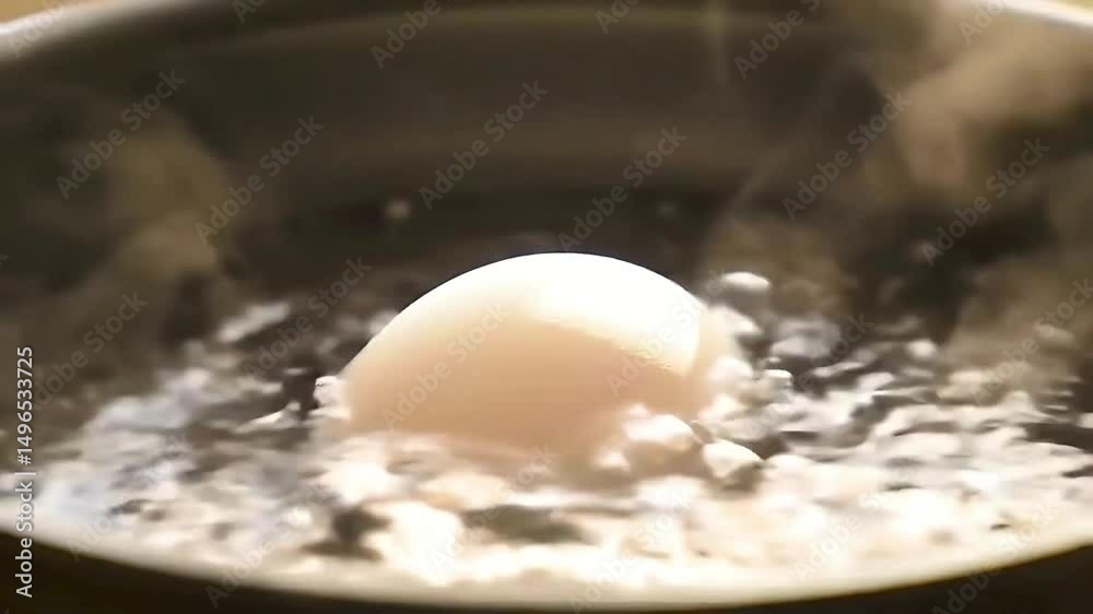 Water is heating in a pot, eggs are being released into the hot water, egg boiled in a pot