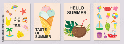 Summer Vector Illustration: Set of Four Summer-Themed Designs.