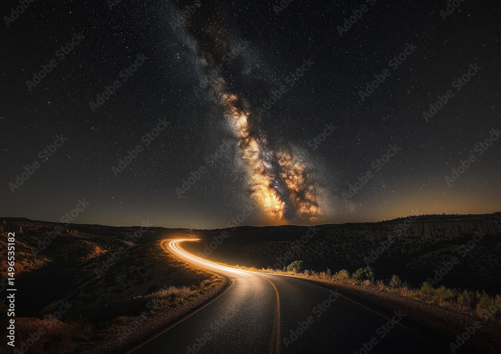 Fototapeta premium Curving road illuminated by soft vehicle light trails under a star-filled night sky with a bright glowing Milky Way galaxy and silhouetted landscape hills