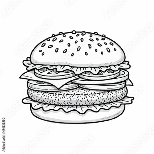 a delicious burger with a sesame seed bun, lettuce, tomato, cheese, and a juicy patty. The detailed line art highlights the texture of the bun and fresh ingredients, making it a mouthwatering illustra