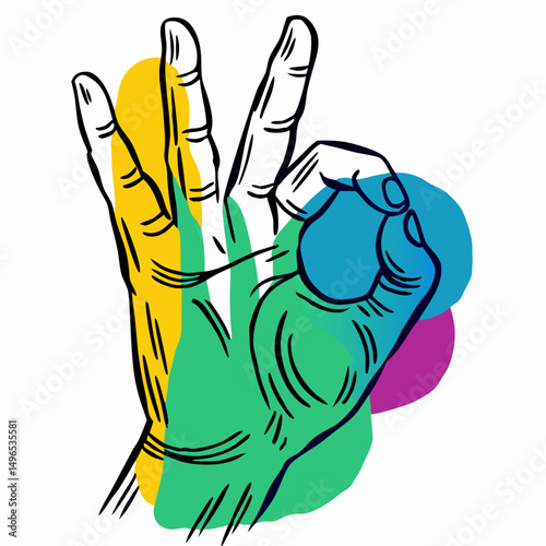 Hand Gesturing OK Sign, Colorful Abstract Background