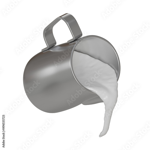 Realistic 3D render of a silver stainless steel frothing pitcher pouring a smooth stream of milk