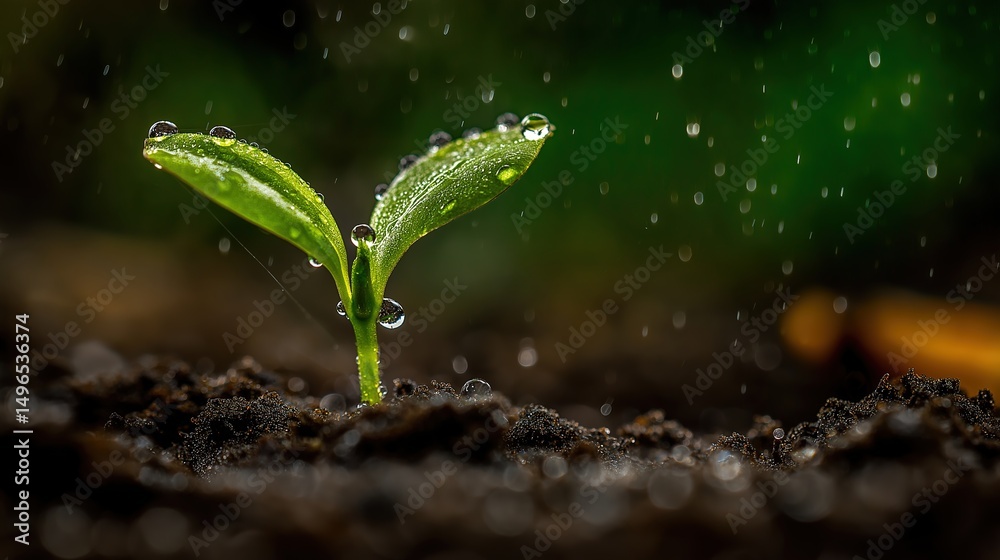 Young seedling sprouting from soil with water droplets, symbolizing growth and renewal Young seedling sprouting from soil with water droplets, symbolizing growth and renewal