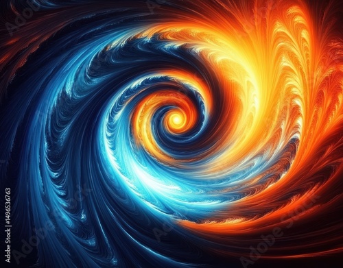 Vibrant swirling vortex blending fiery orange and cool blue colors with fractal feather-like patterns creating dynamic energy and contrast