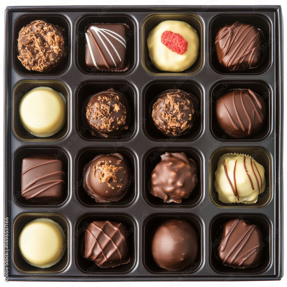 Luxurious assorted Belgian chocolates displayed in a beautifully crafted box from a top view, Top View Luxurious Box Assorted Belgian Chocolates, Transparent background Luxurious assorted Belgian chocolates displayed in a beautifully crafted box from a top view, Top View Luxurious Box Assorted Belgian Chocolates, Transparent background