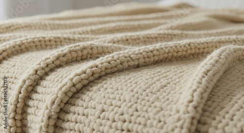 Close Up Photo of Cozy Beige Knitted Blanket