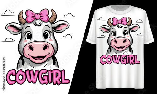 Cowgirl Cute Cartoon Cow, Pink Bow, T-Shirt Design