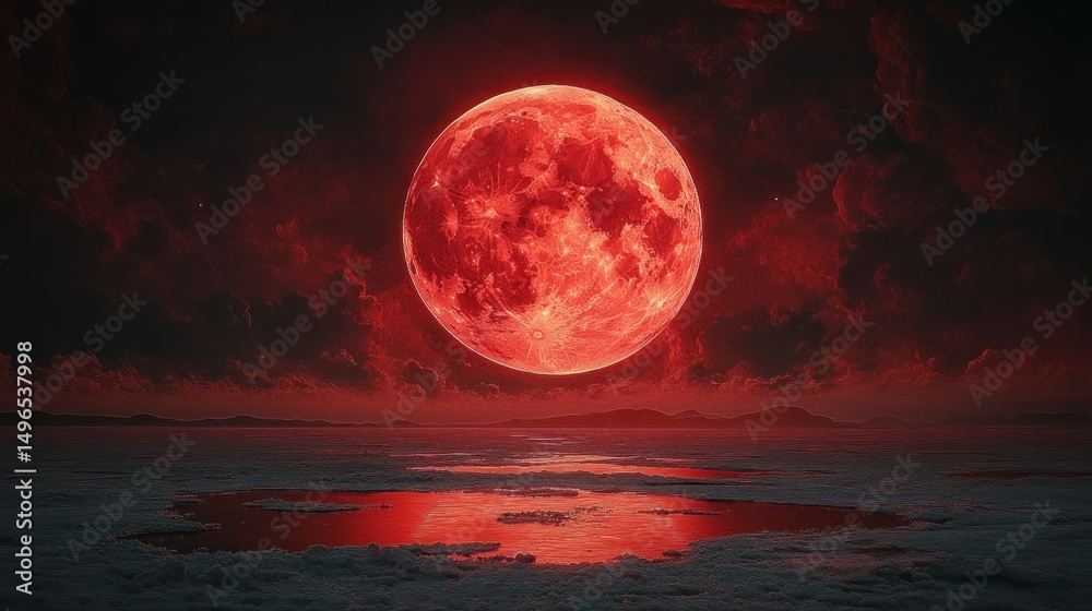 Fototapeta premium Giant glowing red moon above a dark cloudy landscape with red reflections on water creating an eerie and dramatic atmosphere