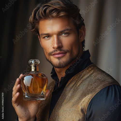 handsome man with styled hair and beard holding an elegant glass perfume bottle wearing a vintage gold vest and black shirt in soft lighting
