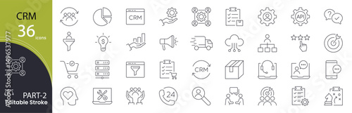 CRM related icons set. Including customer, sales, support, relationship, contact, marketing, data, and management. Editable stroke. outline icons.