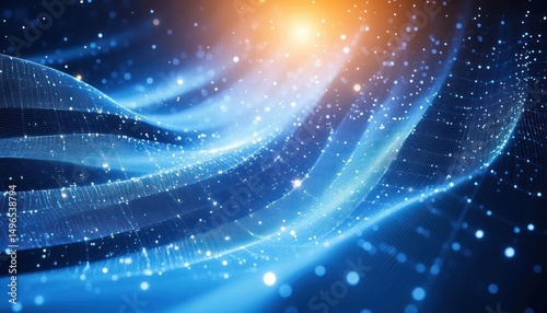 Abstract blue digital wave pattern with glowing particles and warm light effect creating a futuristic technology atmosphere
