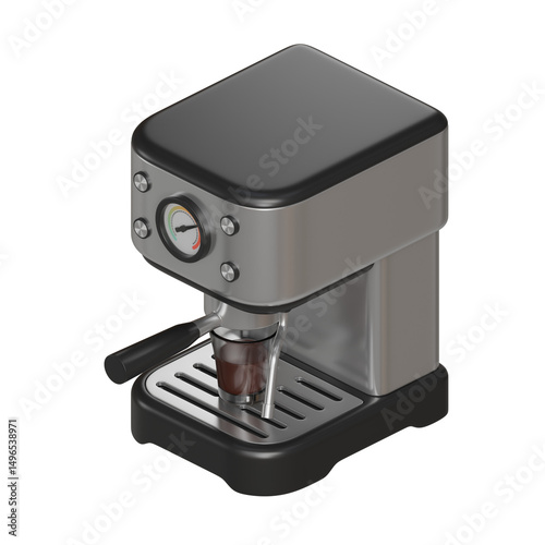 Realistic 3D render of a silver and black chrome-finish coffee machine brewing hot coffee into a clear glass cup