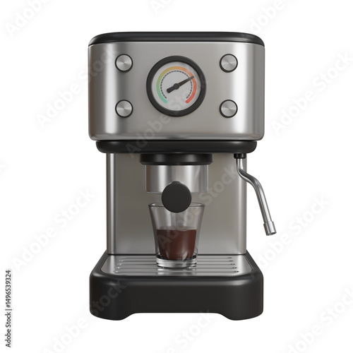 Realistic 3D render of a silver and black chrome-finish coffee machine brewing hot coffee into a clear glass cup