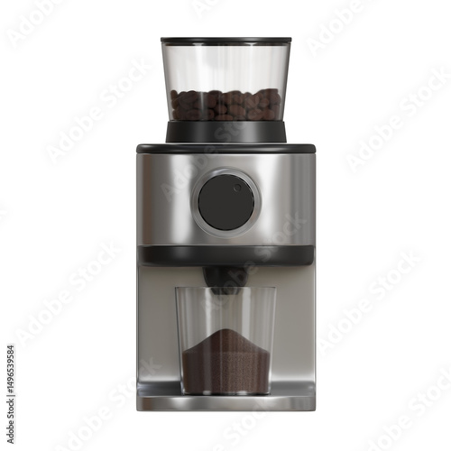 Realistic 3D render of a modern electric coffee grinder in black and silver, with a transparent lid showing roasted coffee beans inside