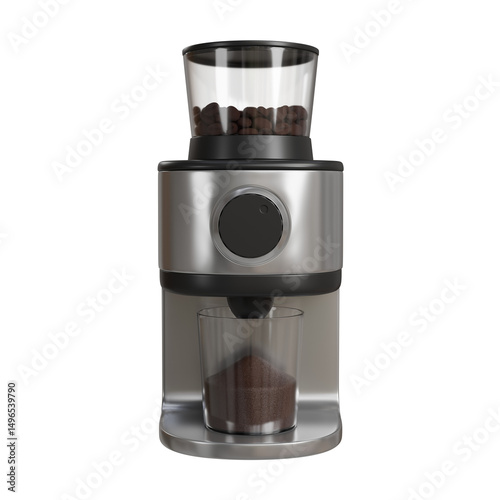 Realistic 3D render of a modern electric coffee grinder in black and silver, with a transparent lid showing roasted coffee beans inside