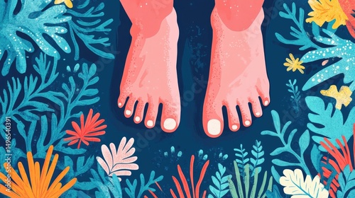 Bare feet surrounded by vibrant, stylized flora on a dark background