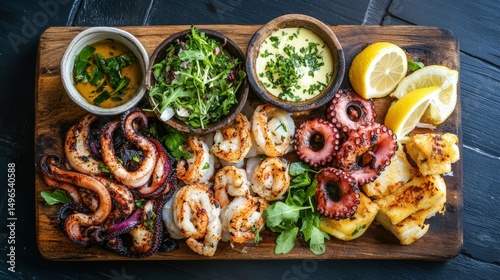 Grilled octopus and citrus garnishes presented on a rustic wooden board in a traditional Mediterranean seafood platter, captured in a bright overhead culinary scene photo