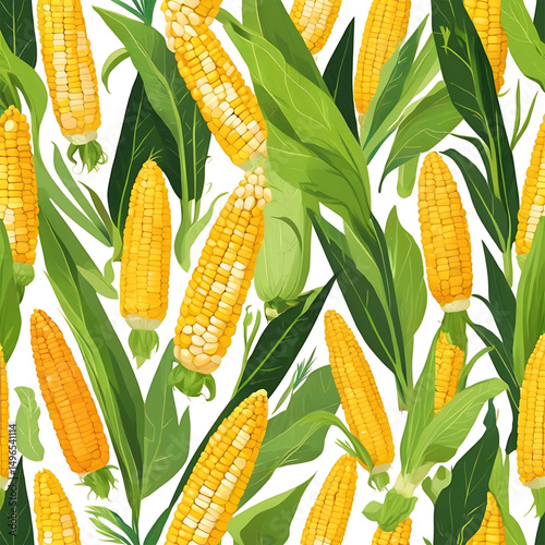 Corn cob seamless pattern with green leaf