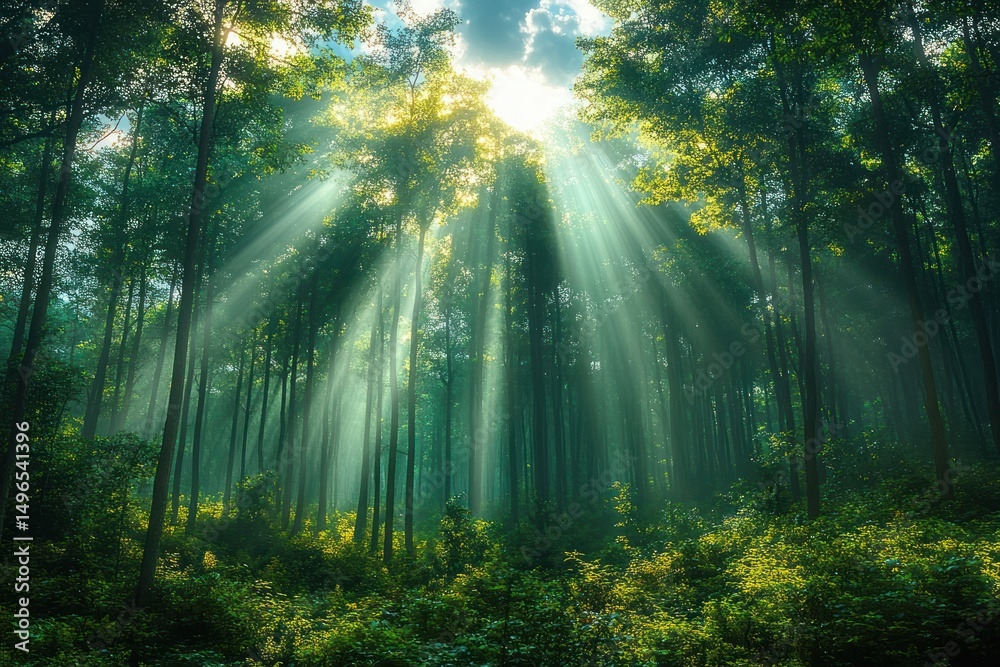 Fototapeta premium Sunlight streaming through tall trees illuminating a lush green forest floor with a serene and peaceful atmosphere