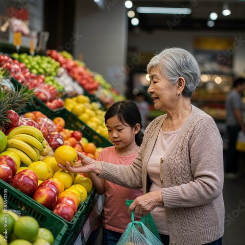 Grandmother And Granddaughter Grocery Shopping Photo