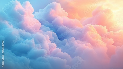 Soft billowing clouds in pastel hues of blue, pink, and orange during a serene sky at sunrise or sunset