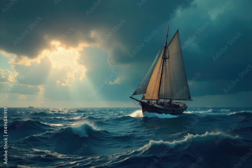 Fototapeta premium A lone sailboat navigates turbulent waters under a dramatic, stormy sky The journey is perilous, yet the vessel presses onward, embodying courage and the spirit of exploration , powerful, sea