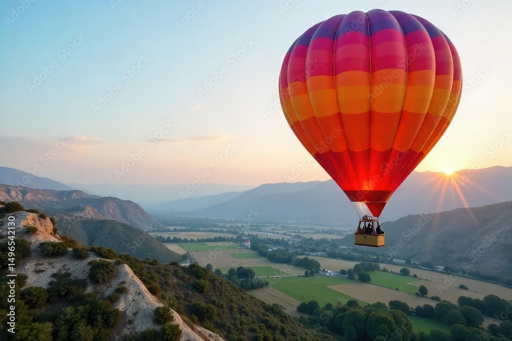 Obraz premium A luxurious gondola-style basket attached to a vibrant hot air balloon, gently floating above a picturesque landscape Perfect for travel, adventure, and luxury imagery , balloon ride, flight, gondola