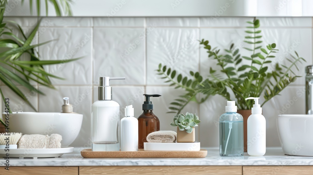 Fototapeta premium A variety of skin care products arranged on a bathroom counter