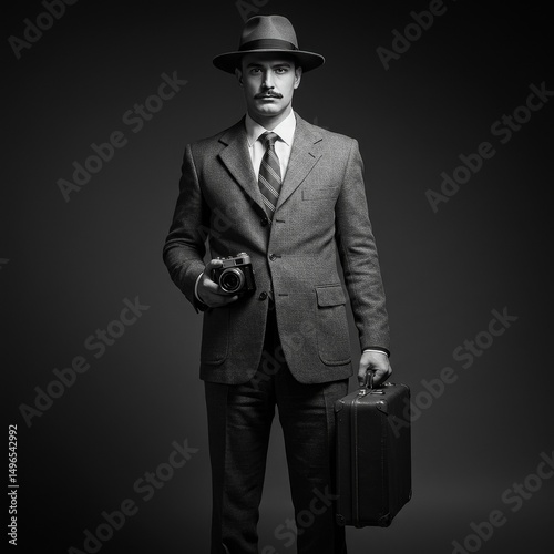 Monochrome Portrait of Man in Retro Suit with Camera and Briefcase