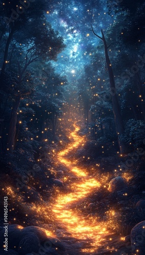 Firefly path in dark forest, starry night