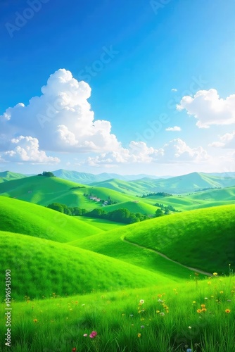 A serene landscape featuring rolling hills, lush green meadows, and a vibrant blue sky; perfect for travel, nature, or environmental projects , blue, rural, green