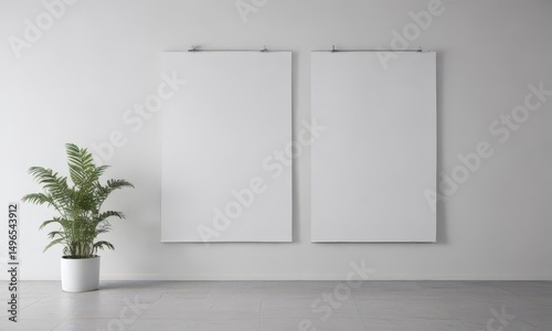 Modern minimalist white wall with poster mockup on clips,  clean,  simple,  illustration